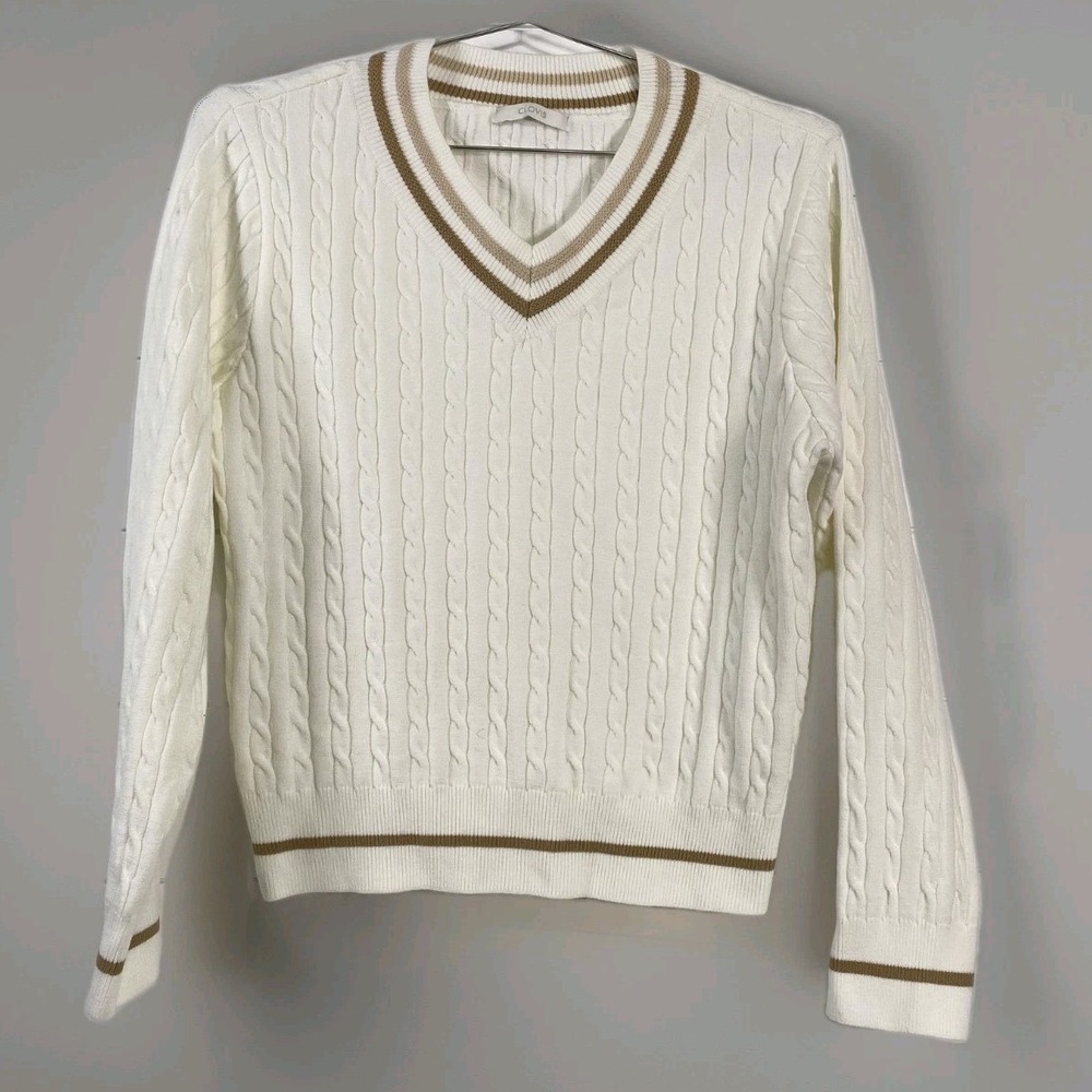 CLOVIS Sweater Womens Medium Ivory V Neck Cable Knit Tan Trim Pullover CVKRE2301